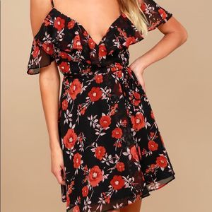 Lulus Love Black Floral Print Wrap Dress